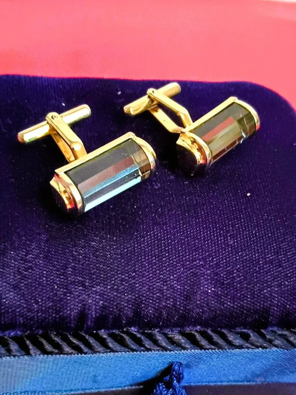 Gold Tone Rectangle Cufflinks with Blue Beveled Color Change Glass